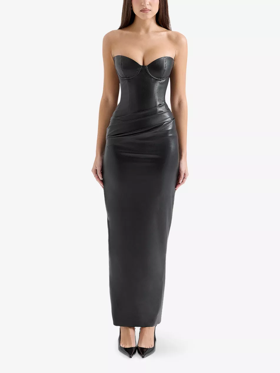 HOUSE OF CB, Juliana Slim-Fit Corseted-Bodice Vegan-Leather Maxi Dress