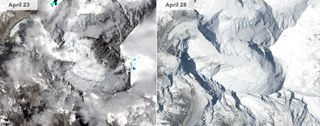 This side-by-side comparison shows Mount Everest before and after the 7.8-magnitude earthquake on April 25, 2015.