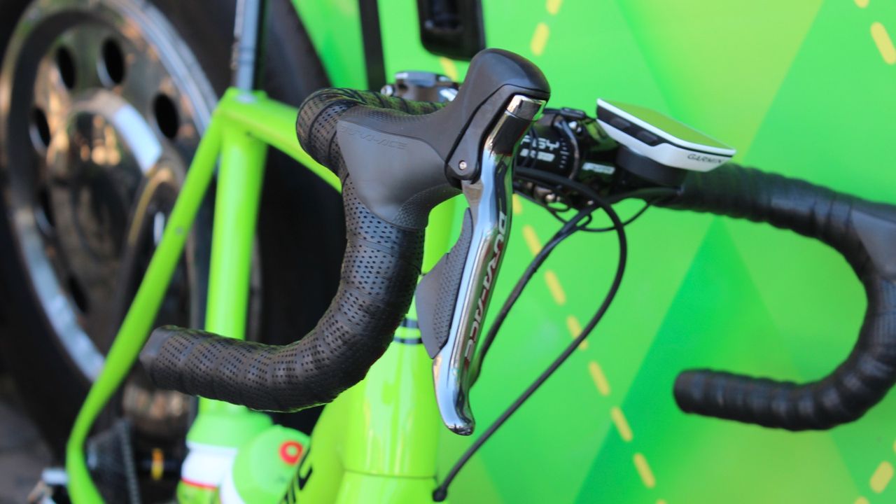 Clarke had has the new Shimano Dura-Ace Di2 levers connected to cable discs
