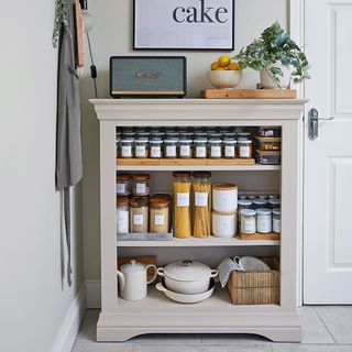 kitchen pantry with white door and kitchen shelves