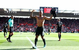 Gabriel Jesus celebrates the goal which took City to 100 points