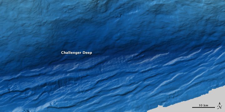 This image of the Challenger Deep in the Mariana Trench, the deepest spot on Earth, was made using sound waves counched off the sea floor. Darker blues represent deeper spots.