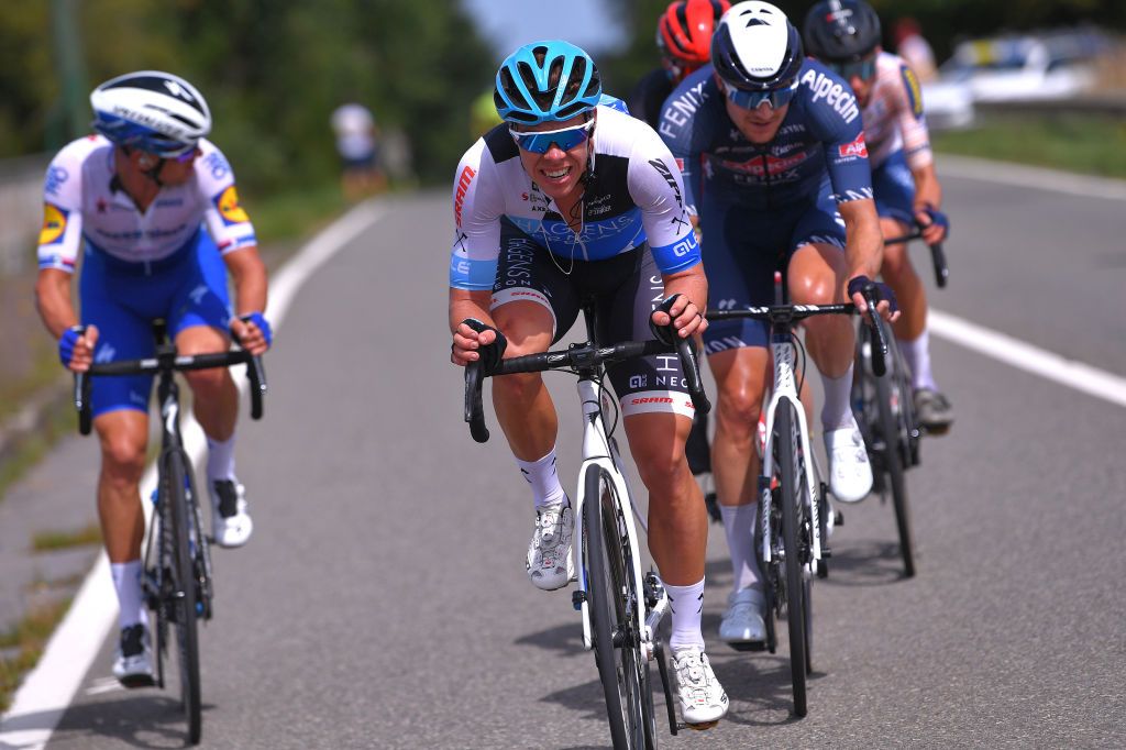 EREZEE BELGIUM AUGUST 19 Jens Reynders of Belgium and Team Hagens BermanAxeon Scott Thwaites of The United Kingdom and Team AlpecinFenix Breakaway during the 41st Tour de Wallonie 2020 Stage 4 a 1994km stage from Blegny to Ereze 334m TourdeWallonie TRW2020 on August 19 2020 in Erezee Belgium Photo by Luc ClaessenGetty Images