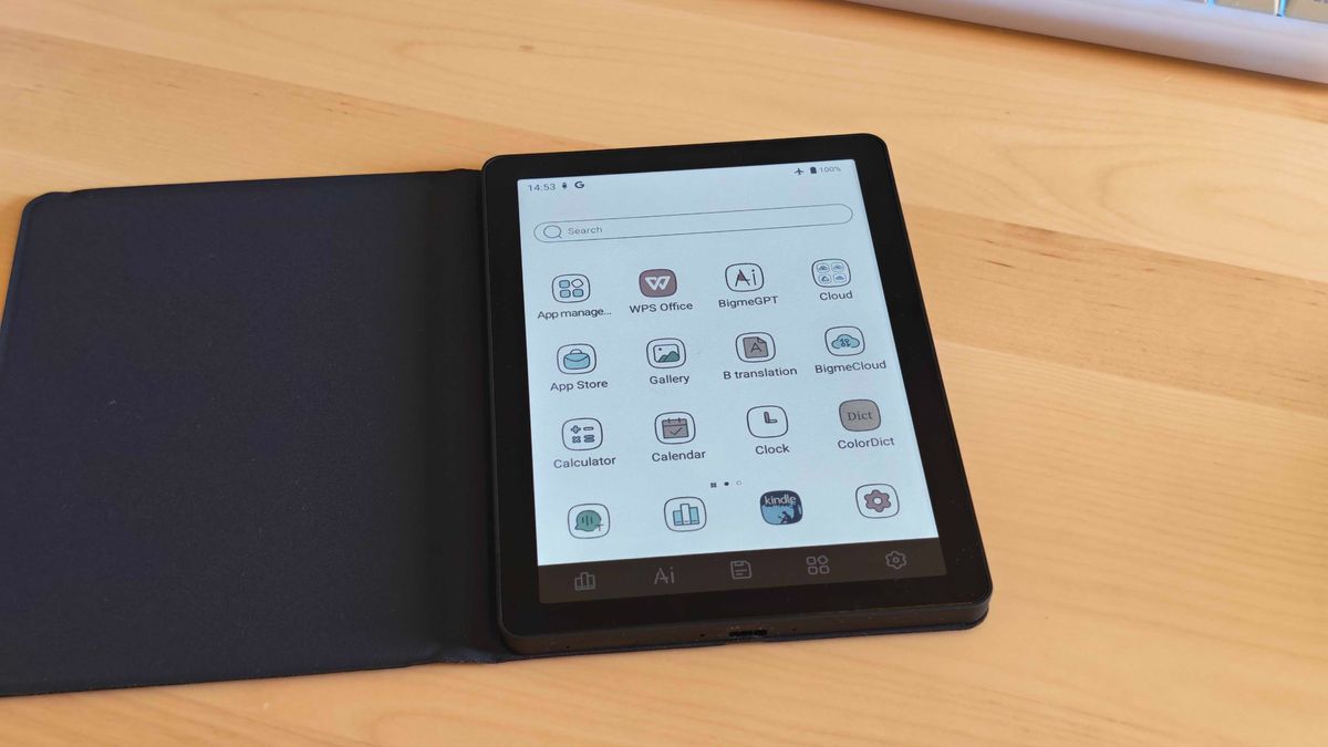 The Bigme B6 Color e-reader on a clean desk surface.