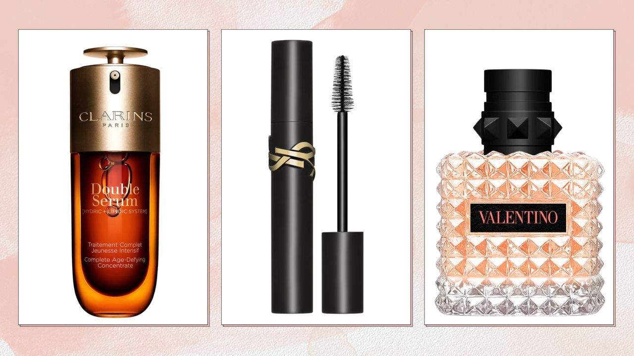 Collage of best Boots beauty deals (L-R) Clarins Double Serum, YSL Beauty Lash Clash Mascara and Valentino Born in Roma Donna Coral Fantasy Eau de Parfum, on a pink watercolour background