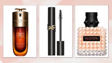 Collage of best Boots beauty deals (L-R) Clarins Double Serum, YSL Beauty Lash Clash Mascara and Valentino Born in Roma Donna Coral Fantasy Eau de Parfum, on a pink watercolour background