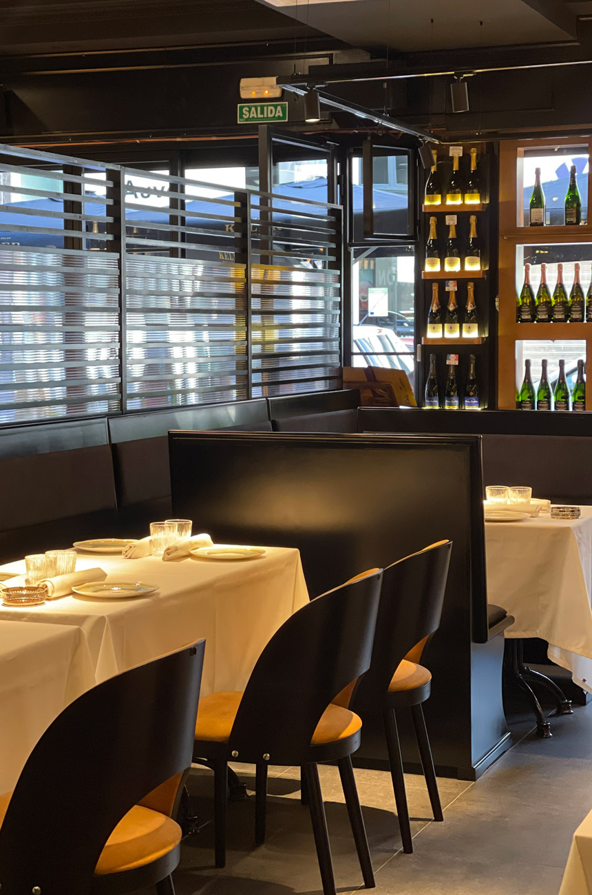 Tables and chairs in a restaurant
