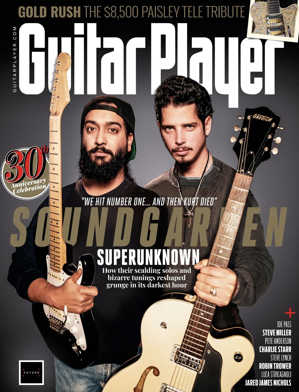 Kim Thayil (left) and Chris Cornell pictured on the cover of Guitar Player&#039;s March 2024 issue