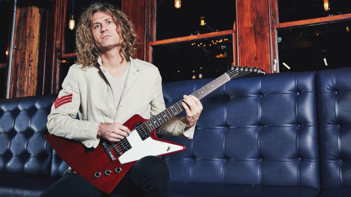 Dave Keuning warms up with his Gibson Explorer before a live performance at Dingwalls in London, December 10, 2018.