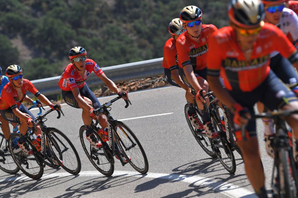 Bahrain-Merida protecting the red jersey of Dylan Teuns