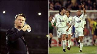 14 Mar 2000: Roberto Carlos of Real Madrid holds his arm aloft in celebration during the UEFA Champions League match against Dynamo Kiev at the Bernabeu Stadium in Madrid, Spain. The match was drawn 2-2. \ Mandatory Credit: Clive Brunskill /Allsport