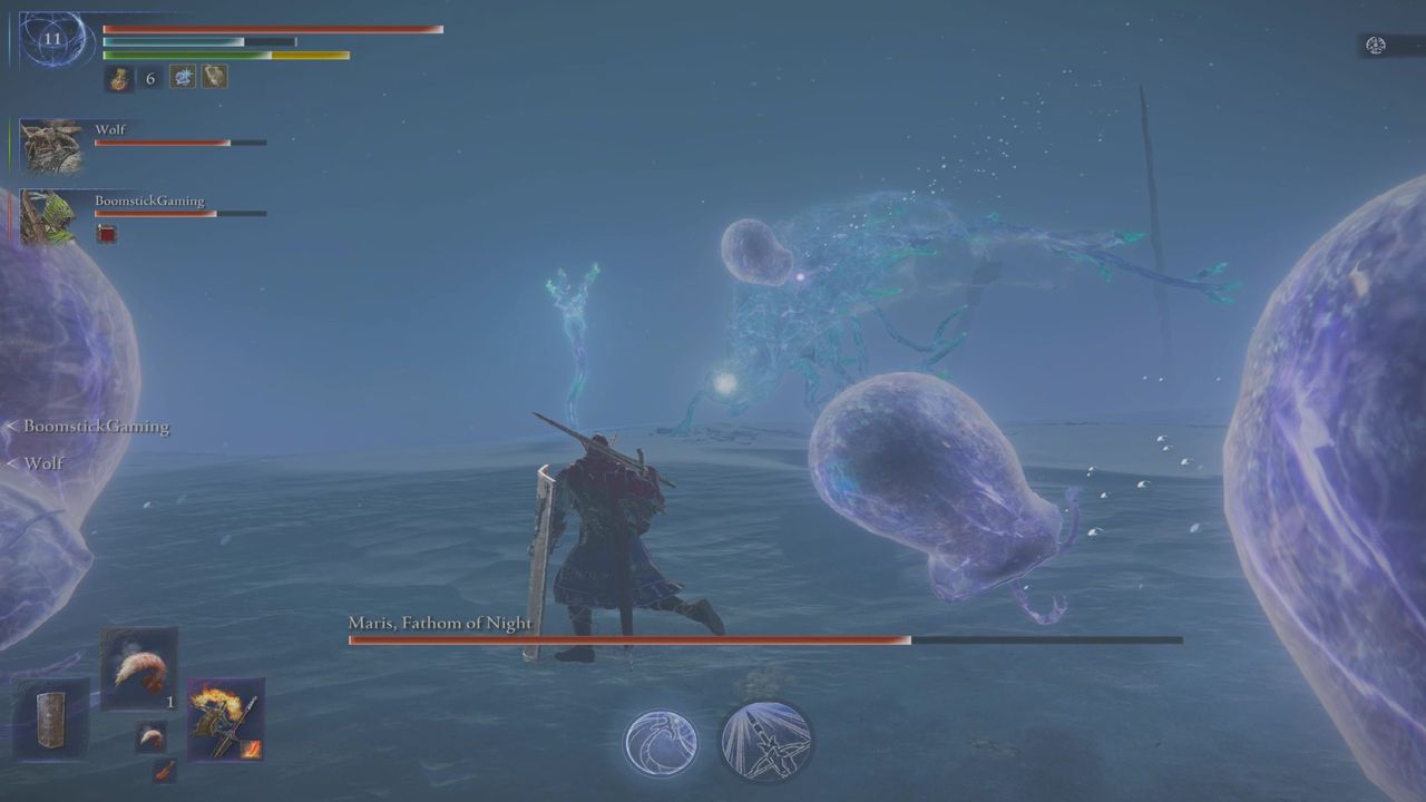Elden Ring Nightreign Augur boss Maris guide: Maris flying in the background while jellyfish and tentacles attack Wylder.
