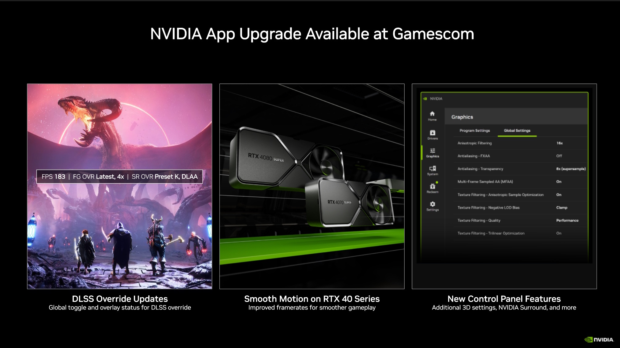 A presentation slide showing the Nvidia App upgrade for Gamescom 2025, including RTX 40-series Smooth Motion support