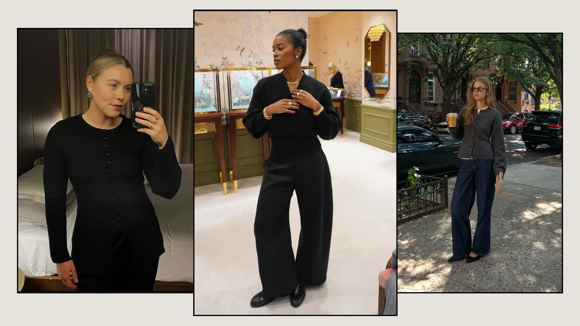 Three women wears fitted cardigans 