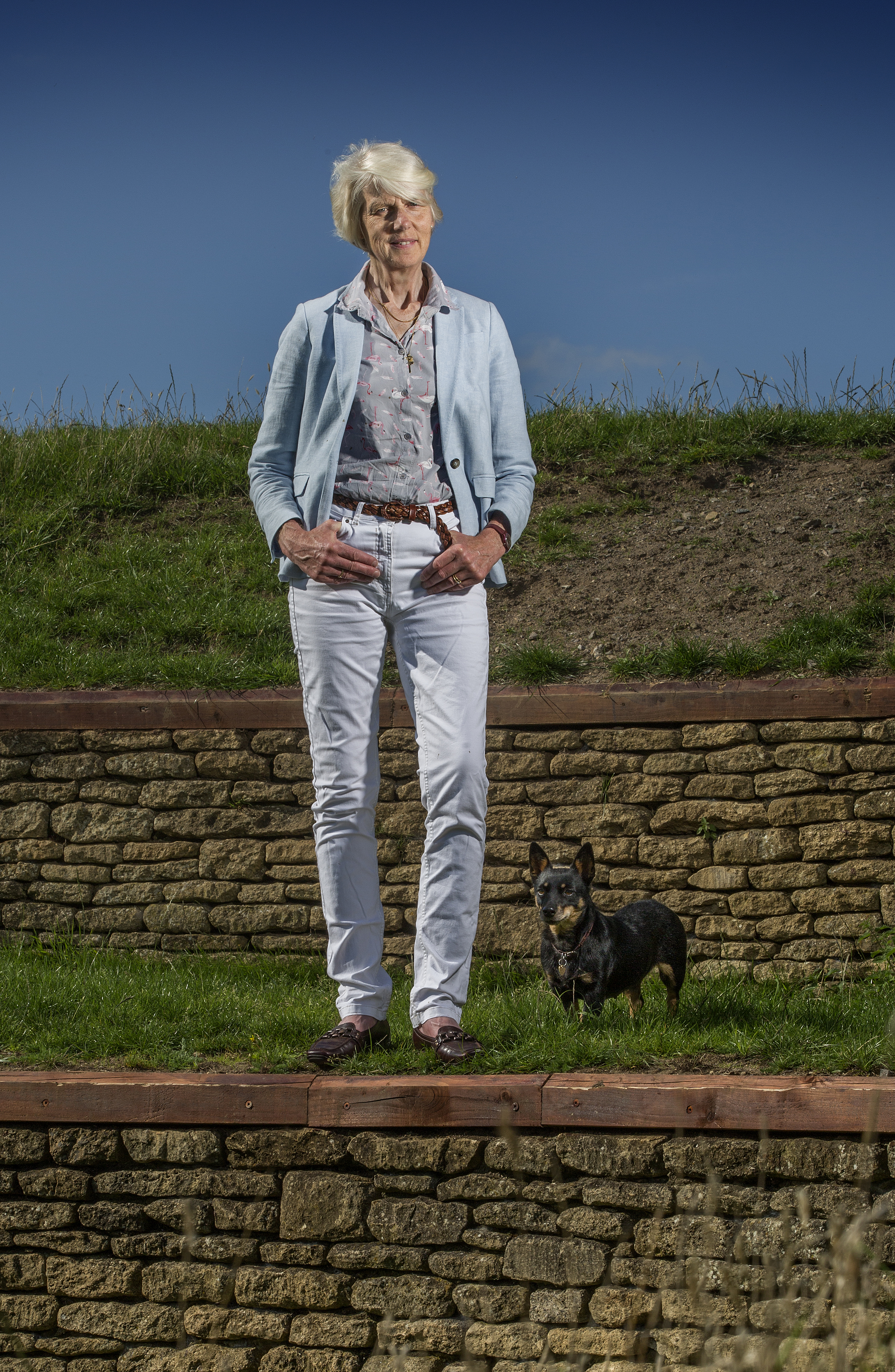 Four photos showing a woman with short white hair and a small black and tan Lancashire Heeler spending time together outdoors on a sunny day. They are pictured in front of a stately home, sitting on and beside large tree trunks, standing on grass terraces, and relaxing in long grass, capturing their close bond and the scenic surroundings.