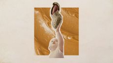 Photo collage of a baby holding up a giant peanut