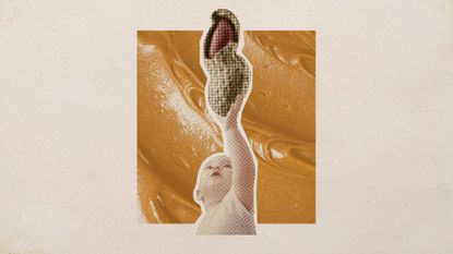 Photo collage of a baby holding up a giant peanut