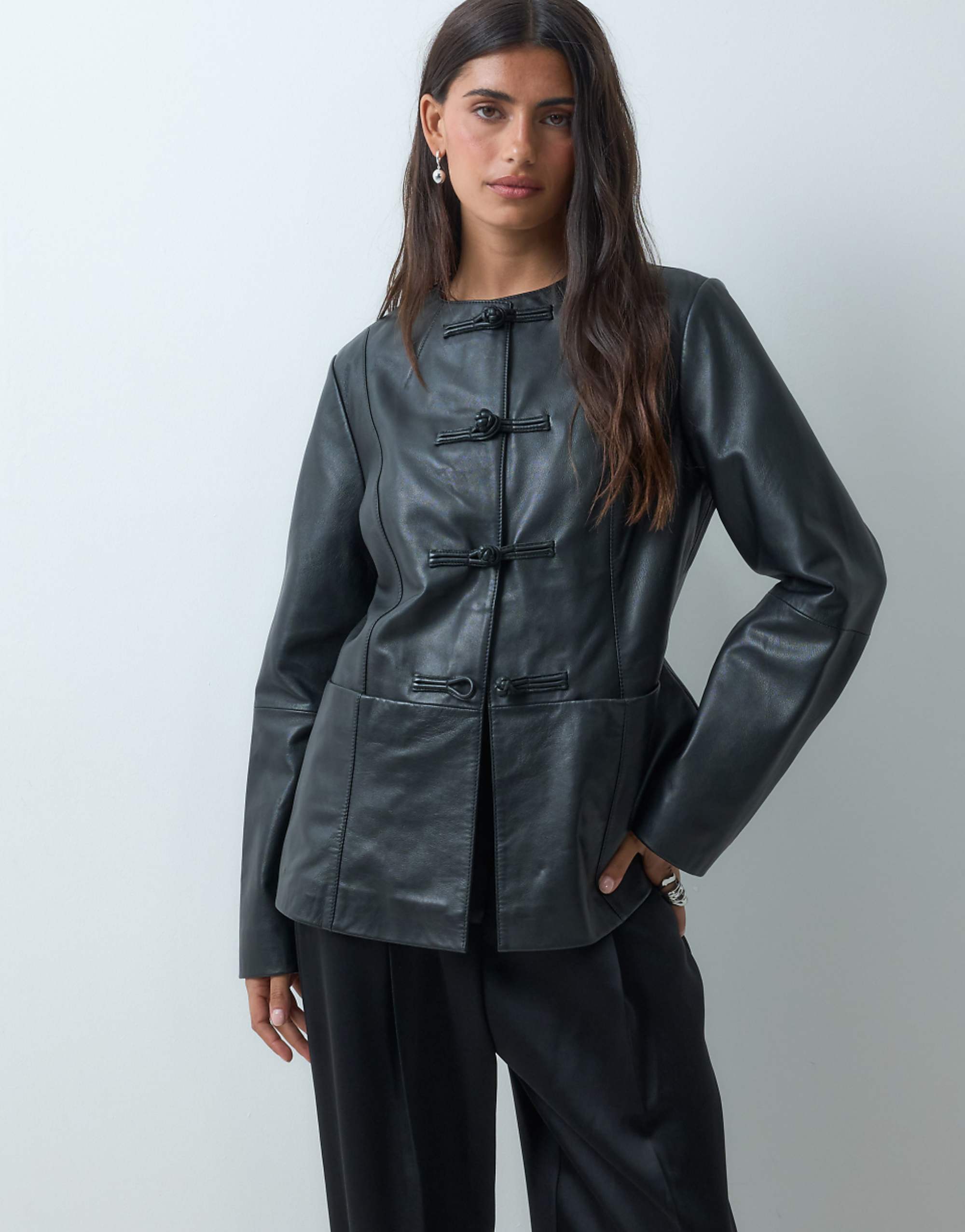 Asos Design Real Leather Slim Fitted Jacket With Frog Closures in Black