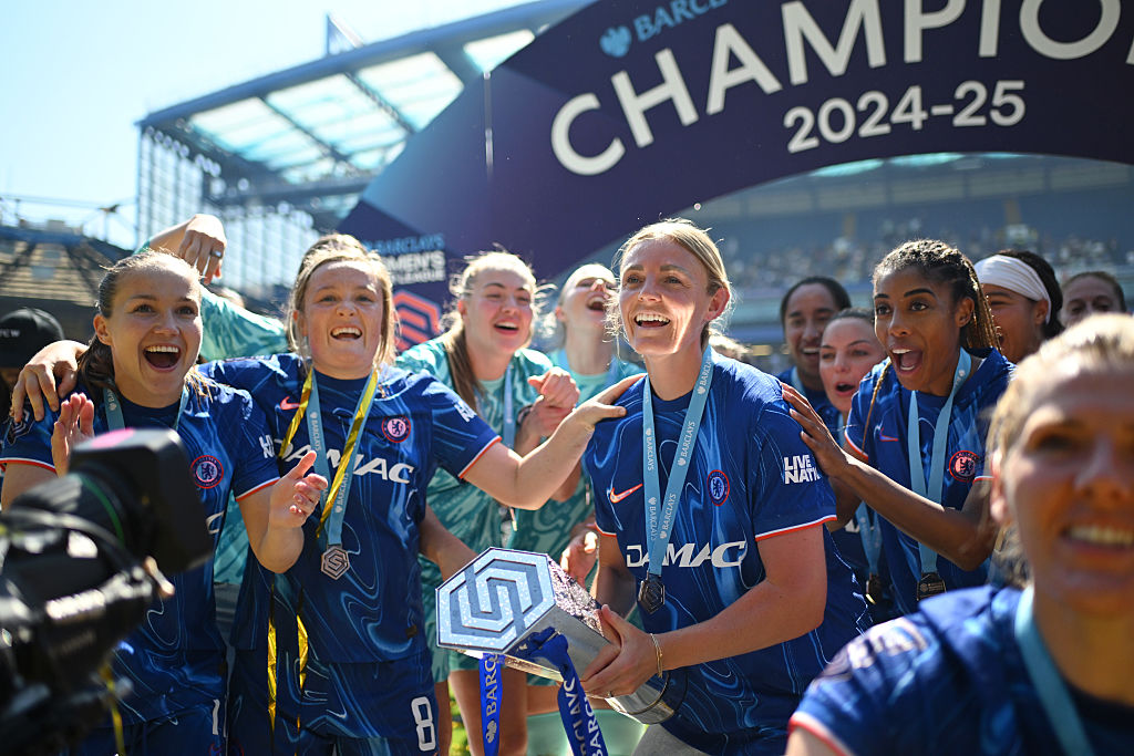 Sophie Ingle of Chelsea celebrates with the Barclays Women's Super League Trophy following her team's victory in the Barclays Women's Super League Match between Chelsea FC and Liverpool at Stamford Bridge on May 10, 2025 in London, England.