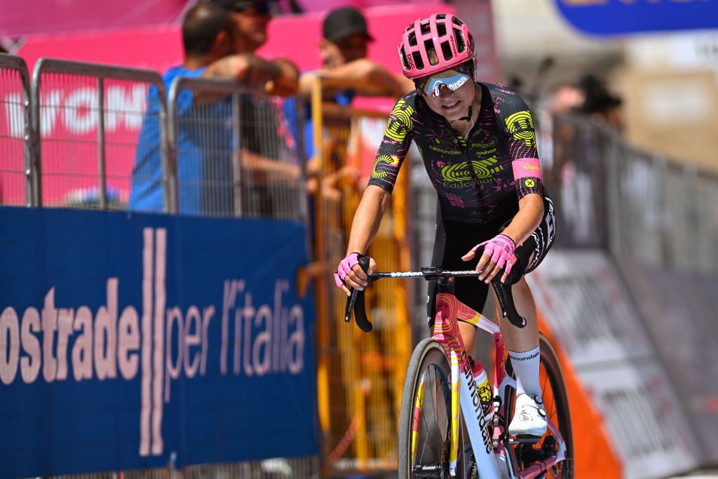 URBINO ITALY JULY 10 Clara Emond of Canada and Team EF EducationCannondale celebrates at finish line as stage winner during the 35th Giro dItalia Women 2024 Stage 4 a 134km stage from Imola to Urbino UCIWWT on July 10 2024 in Urbino Italy Photo by Luc ClaessenGetty Images