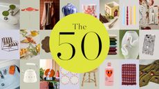 collage of spring-themed homewares with a large yellow circle with the text 'the 50' in it