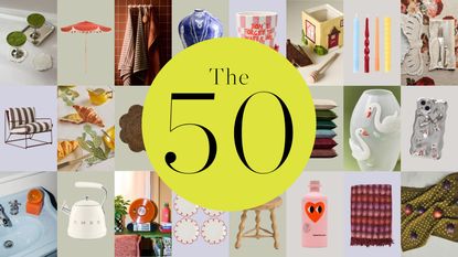 collage of spring-themed homewares with a large yellow circle with the text 'the 50' in it