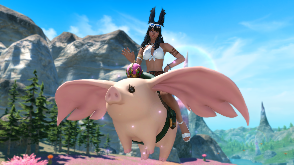 A female Viera sits atop the Porxie King mount, looking slightly ashamed as if she&#039;s trying to explain something.