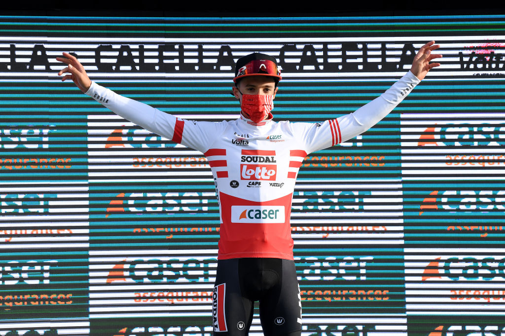CALELLA SPAIN MARCH 22 Podium Sylvain Moniquet of Belgium and Team Lotto Soudal Red Mountain Jersey Celebration during the 100th Volta Ciclista a Catalunya 2021 Stage 1 a 1784km stage from Calella to Calella Mask Covid safety measures VoltaCatalunya100 on March 22 2021 in Calella Spain Photo by David RamosGetty Images