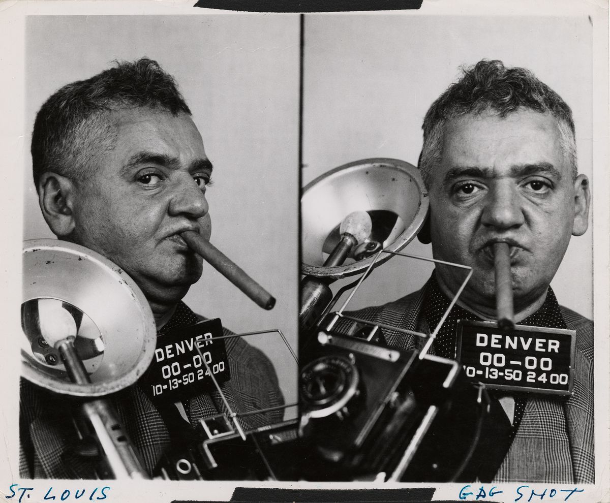 two mugshot style images side by side of photographer weegee with his camera in hand and cigar in mouth