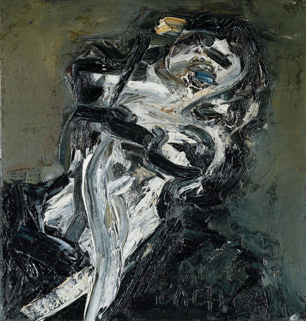 Head of J.Y.M. II, 1984–1985, oil on canvas, 26in by 24in, by Frank Auerbach (b. 1931), private collection.