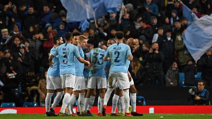 Man City players celebrate Gabriel Jesus’ goal against Schalke 04 at the Etihad Stadium 