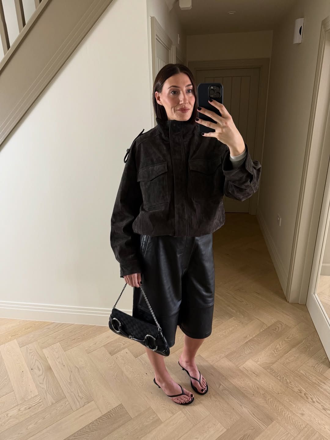 Sarah Louise Blythe wearing Zara's suede jacket.