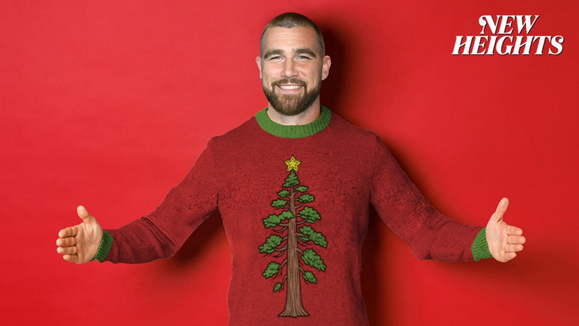 Travis Kelce wearing a Christmas sweater referencing Taylor Swift's song "Wood." 
