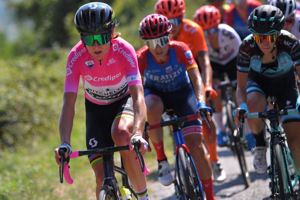 ASSISI ITALY SEPTEMBER 13 Annemiek Van Vleuten of The Netherlands and Team Mitchelton Scott Pink Leader Jersey during the 31st Giro dItalia Internazionale Femminile 2020 Stage 3 a 1422km stage from Santa Fiora to Assisi 413m GiroRosaIccrea GiroRosa on September 13 2020 in Assisi Italy Photo by Luc ClaessenGetty Images