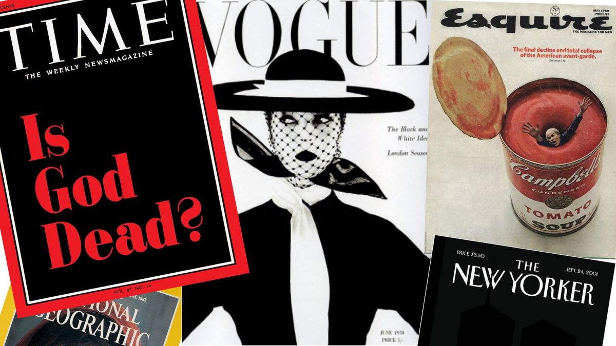 Composite of greatest ever magazine covers, featuring National Geographic, Vogue, TIME, The New Yorker and Esquire