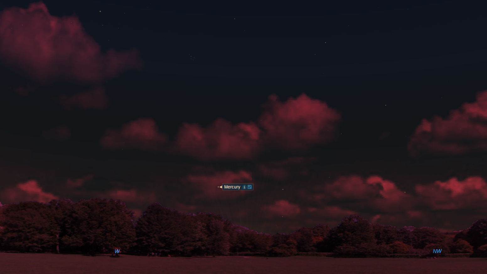 Este mapa del cielo de Starry Night Software muestra la posición de Mercurio en el cielo oeste-noroeste unos 40 minutos después de la puesta del sol en la ciudad de Nueva York el 16 de abril de 2022. Está bajo en el horizonte, lo que requiere una vista clara para verlo.