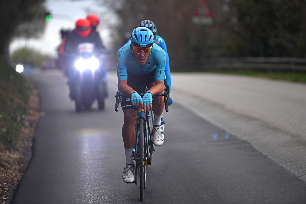 Jose Joaquin Rojas and Davide Ballerini try to make it to the line near the end of stage 6 at Tirreno-Adriatico
