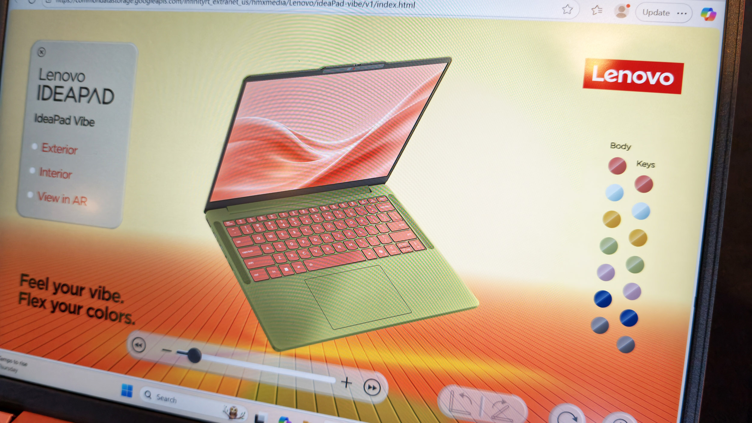 Photo of a laptops display showing a customizer for laptop colors when ordering the Lenovo IdeaPad Vibe.