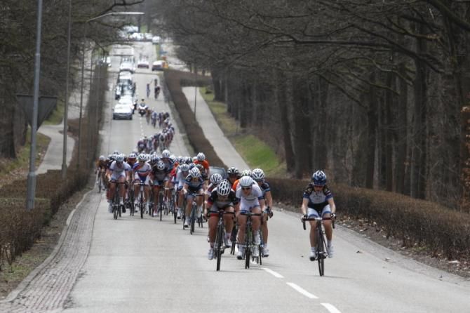 The peloton was strung out as the race approached the hills