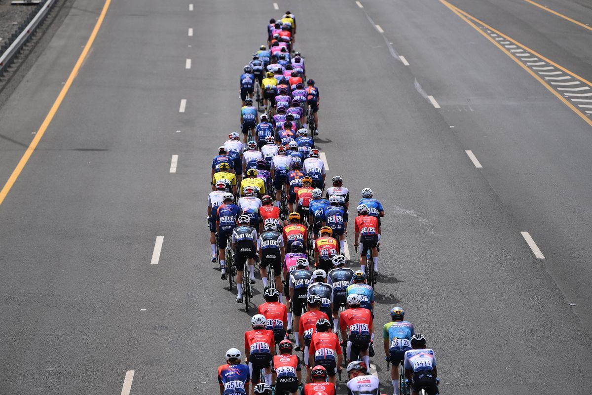 The peloton during the 2025 Muscat Classic