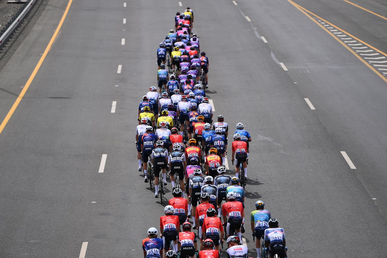 The peloton during the 2025 Muscat Classic