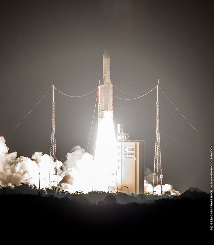 An Arianespace Ariane 5 rocket launches the Arabsat-6B (BADR-7) and GSAT-15 satellites from the Guiana Space Center in Kourou, French Guiana on Nov. 10, 2015. 