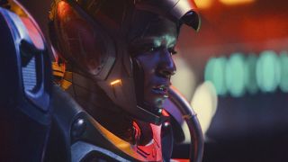 Riri Williams (Dominique Thorne) looking apprehensive in her shiny new exoskeleton in Ironheart on Disney Plus.