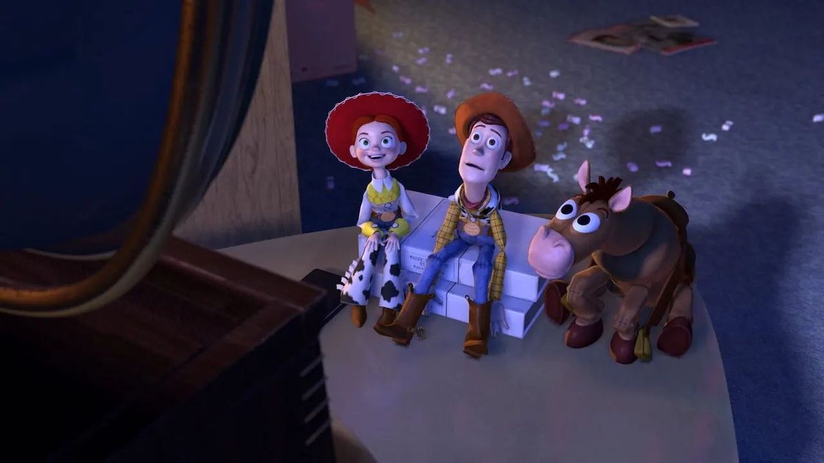 Woody Jesse and Bullseye watching TV in Toy Story 2