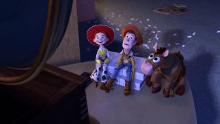 Woody Jesse and Bullseye watching TV in Toy Story 2