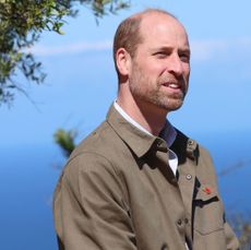 Prince William wearing a tan jacket with a red poppy pin standing in front of the sea with a tree behind him