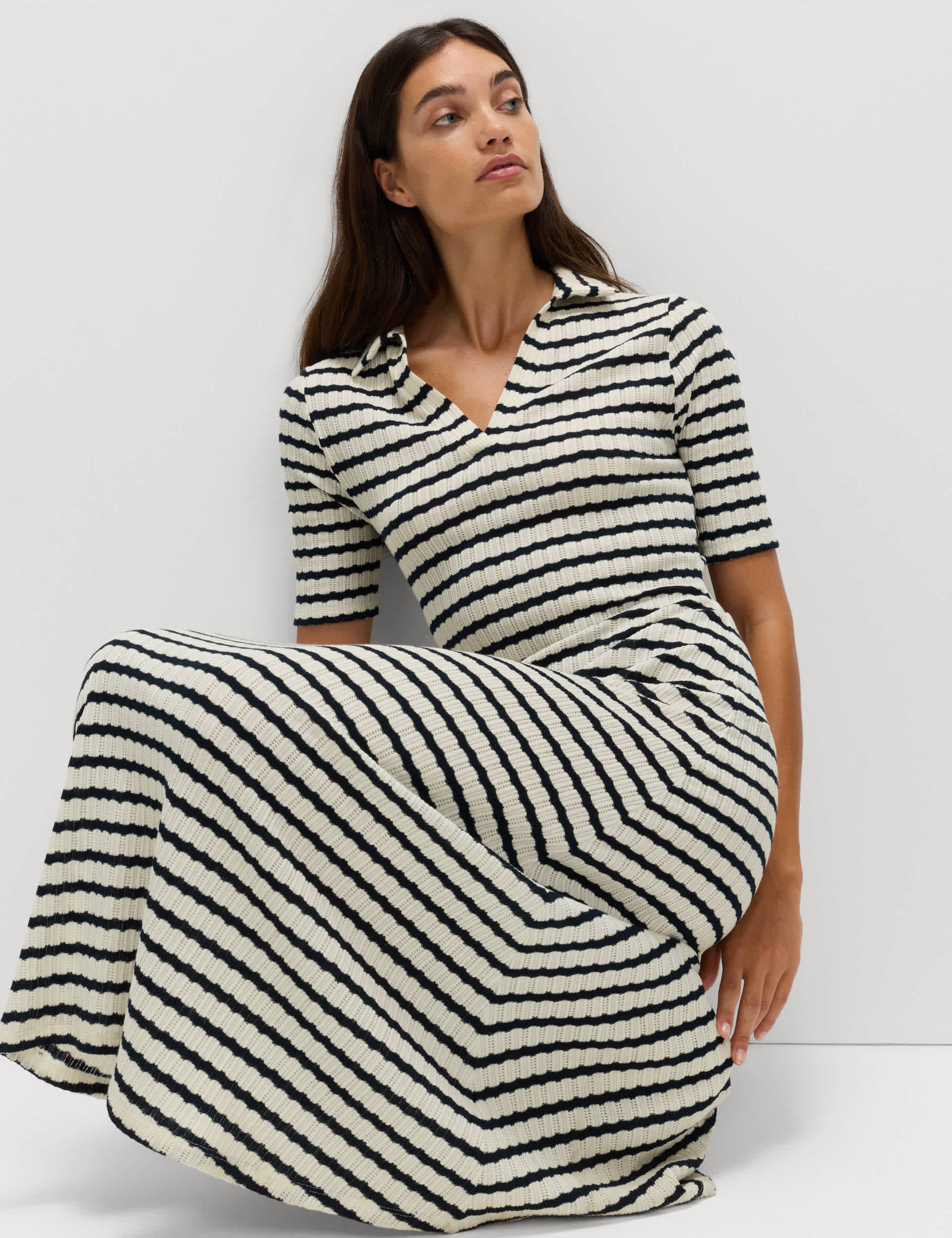 Jersey Striped V-Neck Midi Waisted Dress