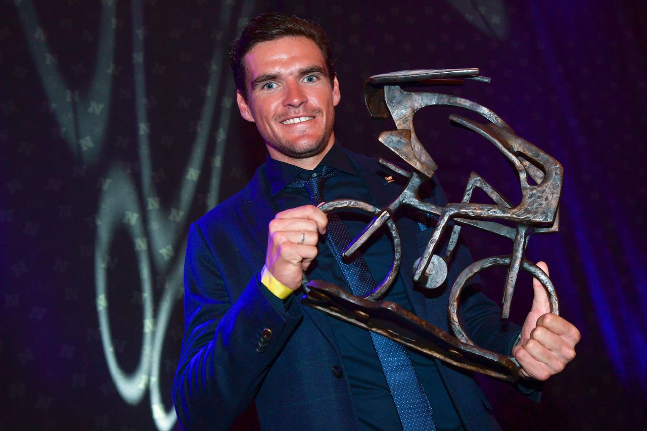 Greg Van Avermaet celebrates with his trophy during the 14th edition of the 'Gala van de Flandrien 2016' award ceremony