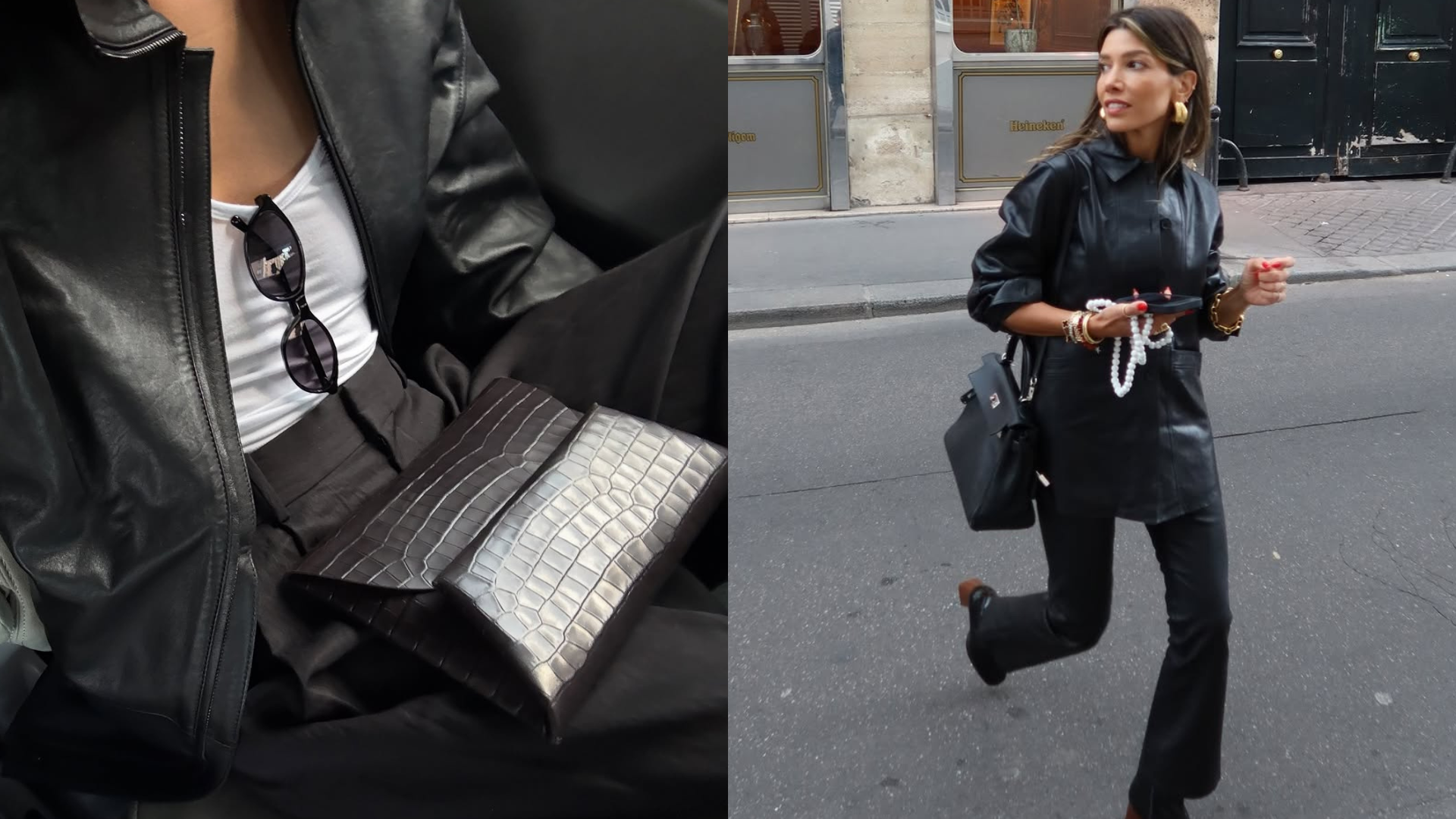 Woman wearing collared leather jacket trend fall 2025.