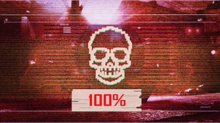 A pixel skull above a progress bar at 100%
